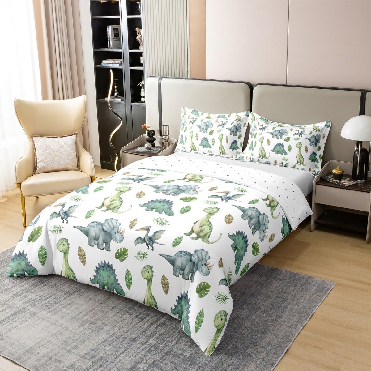 Cute Dinosaur 100% Nature Cotton Duvet Cover Cartoon Wild Animals Comforter Cover Twin Size with 1 Pillowcase Kids Dino Green Leaves Aesthetic Luxury Bedding Set (No Filler)