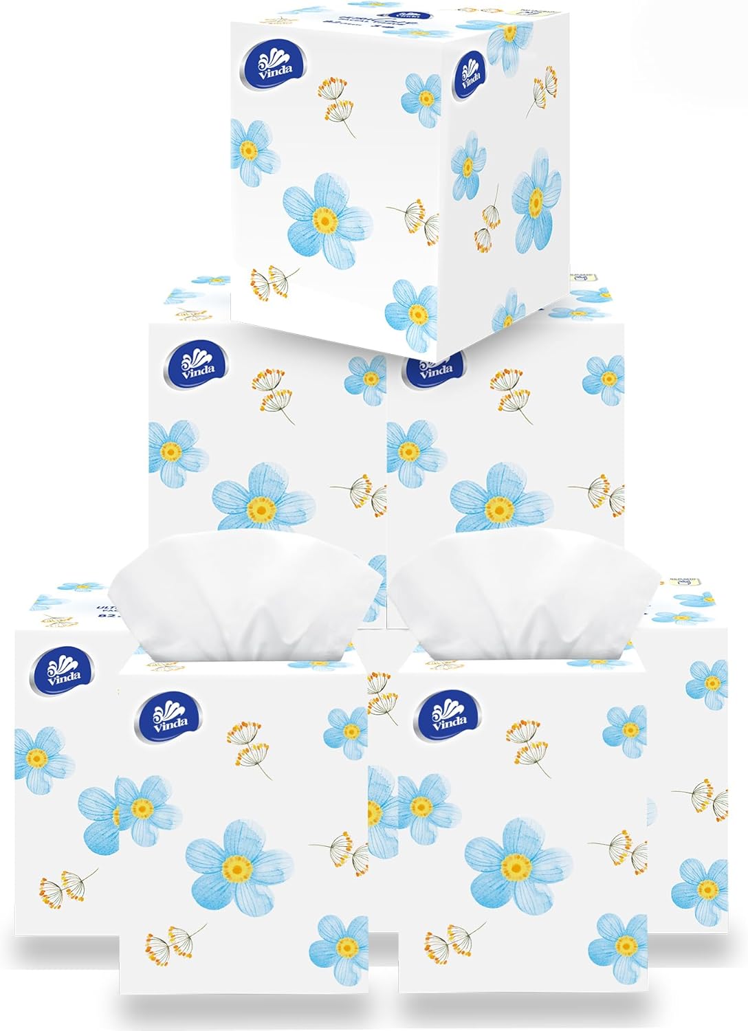 Vinda 3-Ply Ultra Care Facial Tissues – 130 Soft & Strong Sheets per Box, 8 Flat Boxes – Hypoallergenic, Gentle for Sensitive Skin, Ideal for Home, Office, and Everyday Use