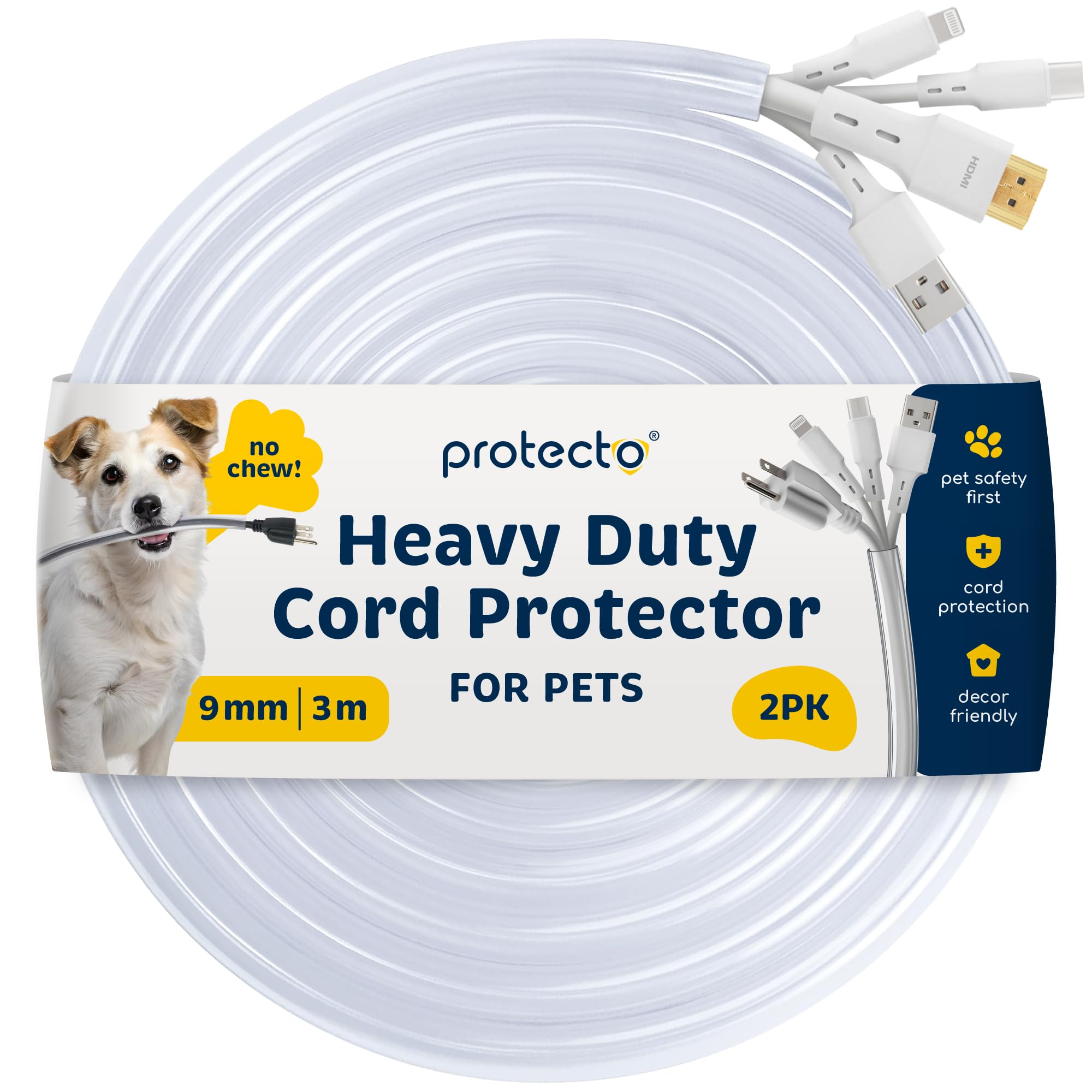 PROTECTO 2-Pack Wire Protector from Pets, Clear Cable Sleeve Animal Proof, 3m Odor-Free Cat & Dog Chew Resistant Floor Cable Cover, Plastic Cord Organiser for Power, Lightning, RCA & HDMI Cables — image 1