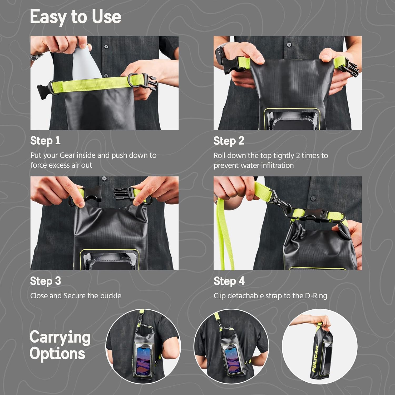 Pelican Marine IP68 Waterproof Dry Bag 2L - Roll Top Waterproof Backpack w/ Phone Case/Pouch - Boating & Kayak Accessories - Essentials for Camping Swimming Beach Fishing Rafting Travel - Black/Yellow : Sports & Outdoors