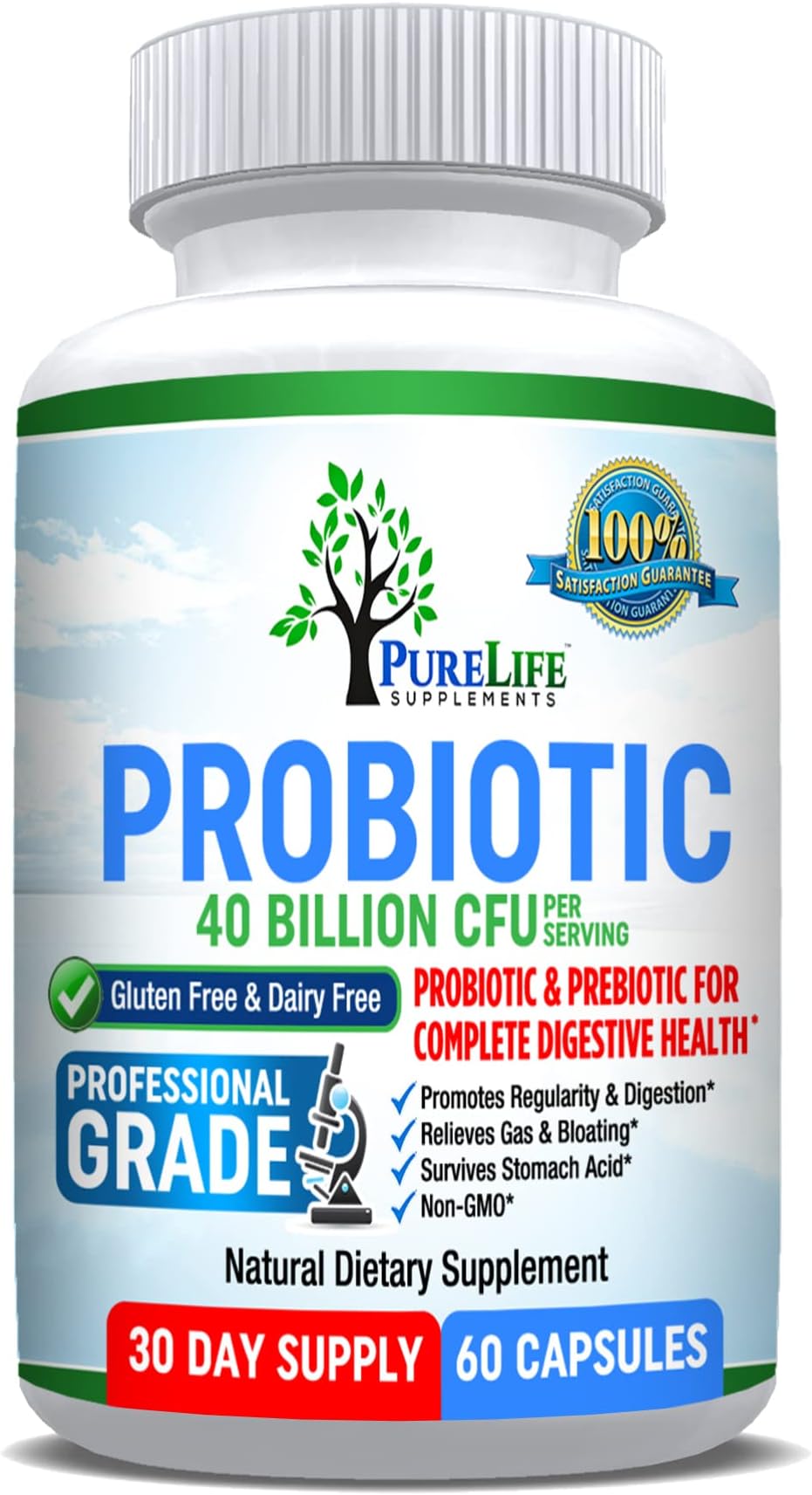 Daily Probiotic Supplement with 40 Billion CFU - Gut Health Complex with Lactobacillus Acidophilus Probiotic for Women and Men - Shelf Stable Pre and Probiotics for Digestive Health; 60 Caps