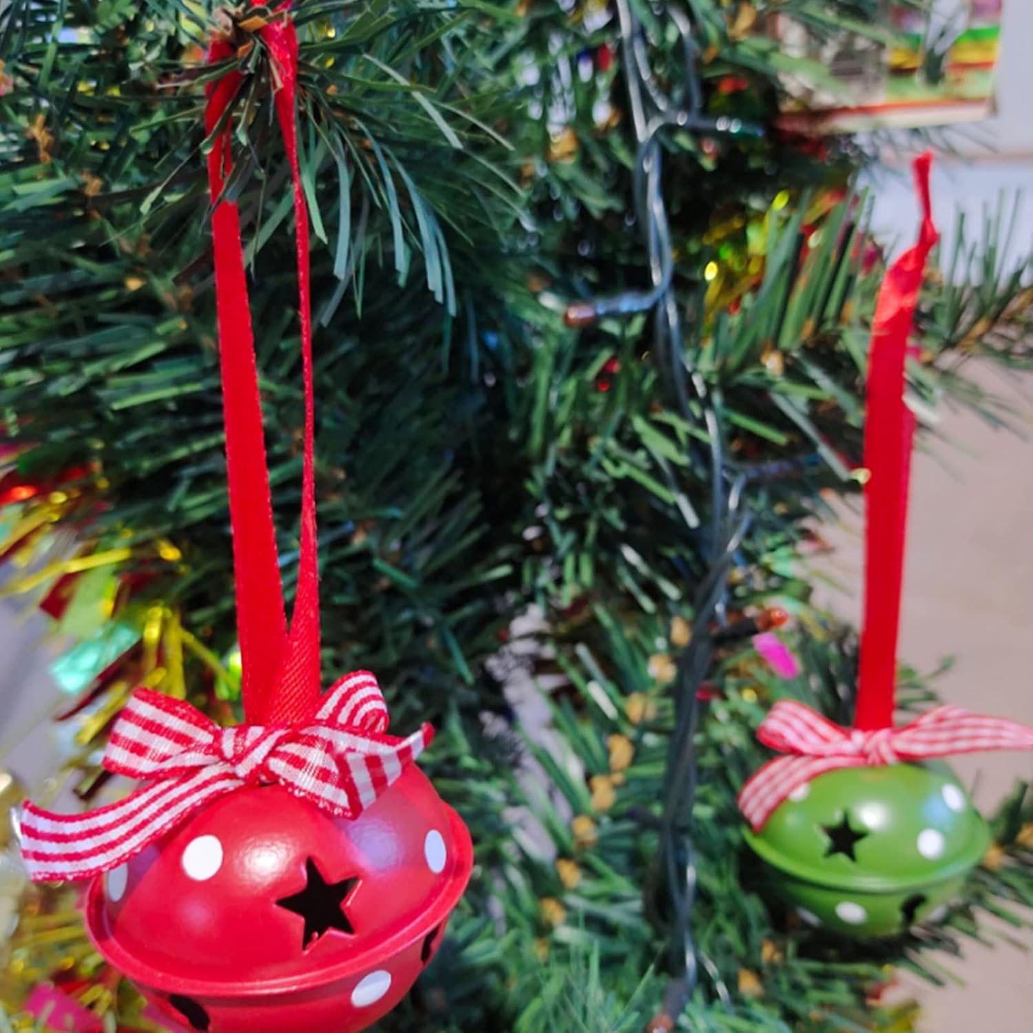 24pcs Christmas Metal Sleigh Bells 2 Inch Xmas Bells with Star Cutout Bow Hanging Christmas Jingle Bells Ornaments for Crafts Home Decor, Multi Color, 24