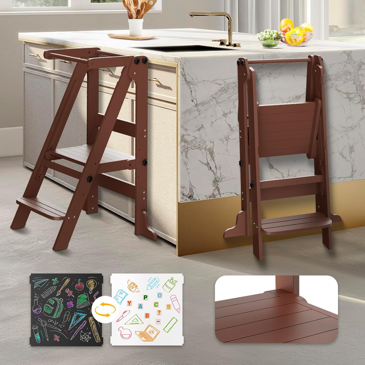 Toddler Tower Foldable, Kitchen Step Stool Helper with Safety Railing & 3 Adjustable Heights, Standing Tower with Double-Sided Drawing Board, Montessori Kitchen Tower for Kids Learning (Walnut Brown)