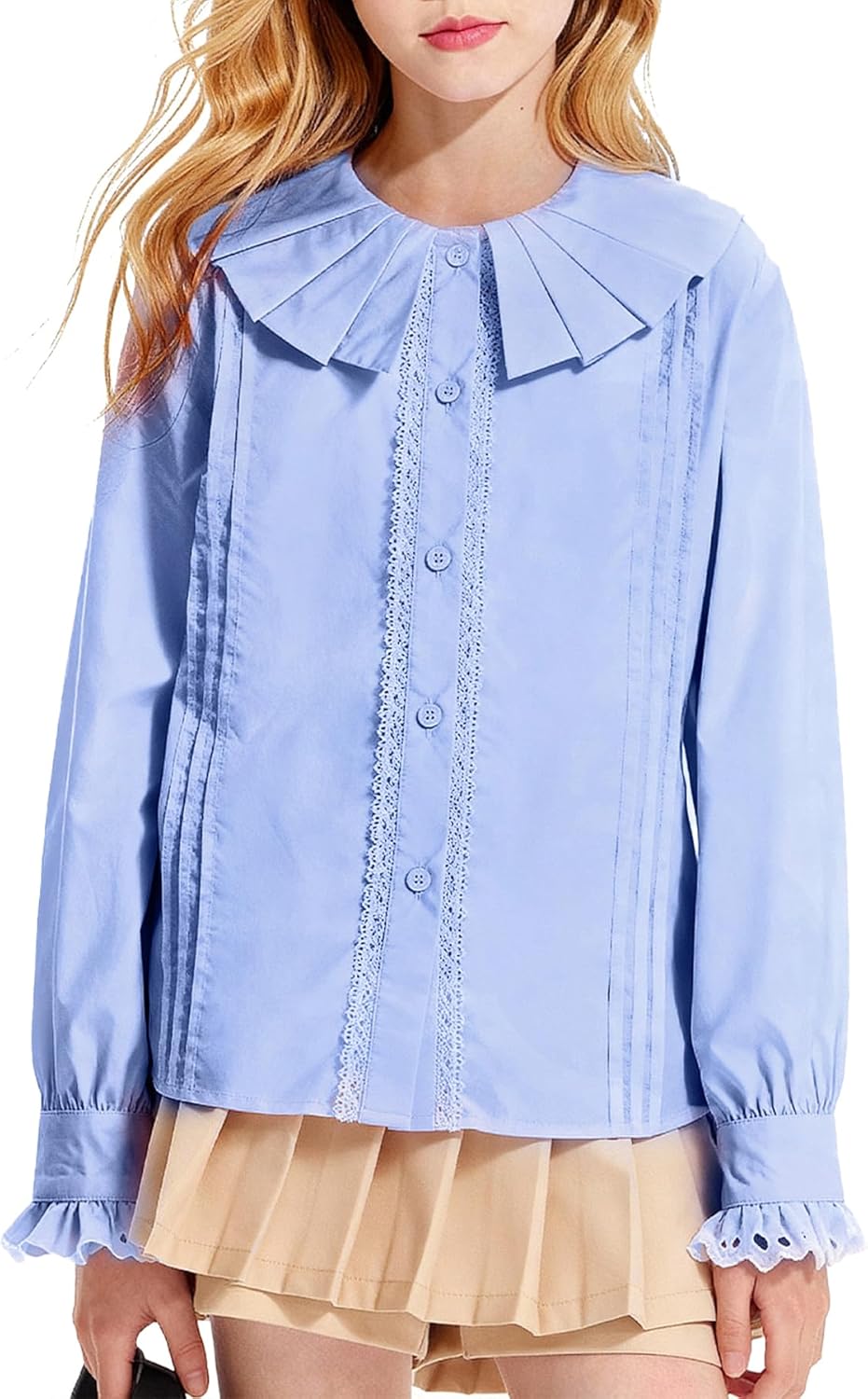 Girls Dress Shirt Button Down Blouse Kids School Uniform with Peter Pan Collar Size 6-16Y