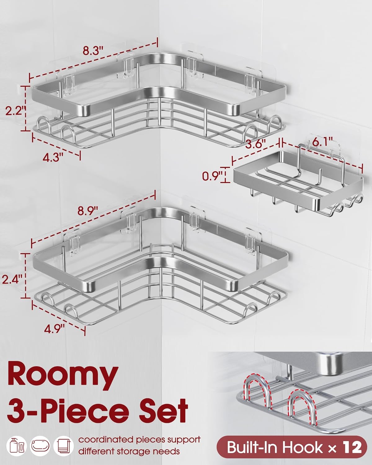 Sakugi Corner Shower Caddy - 3-Pack Shower Organizer with Soap Holder & Built-In Hooks, Rustproof Metal Shower Shelves, Laundry, Kitchen, Bathroom Organizers and Storage Solution, Large, Silver