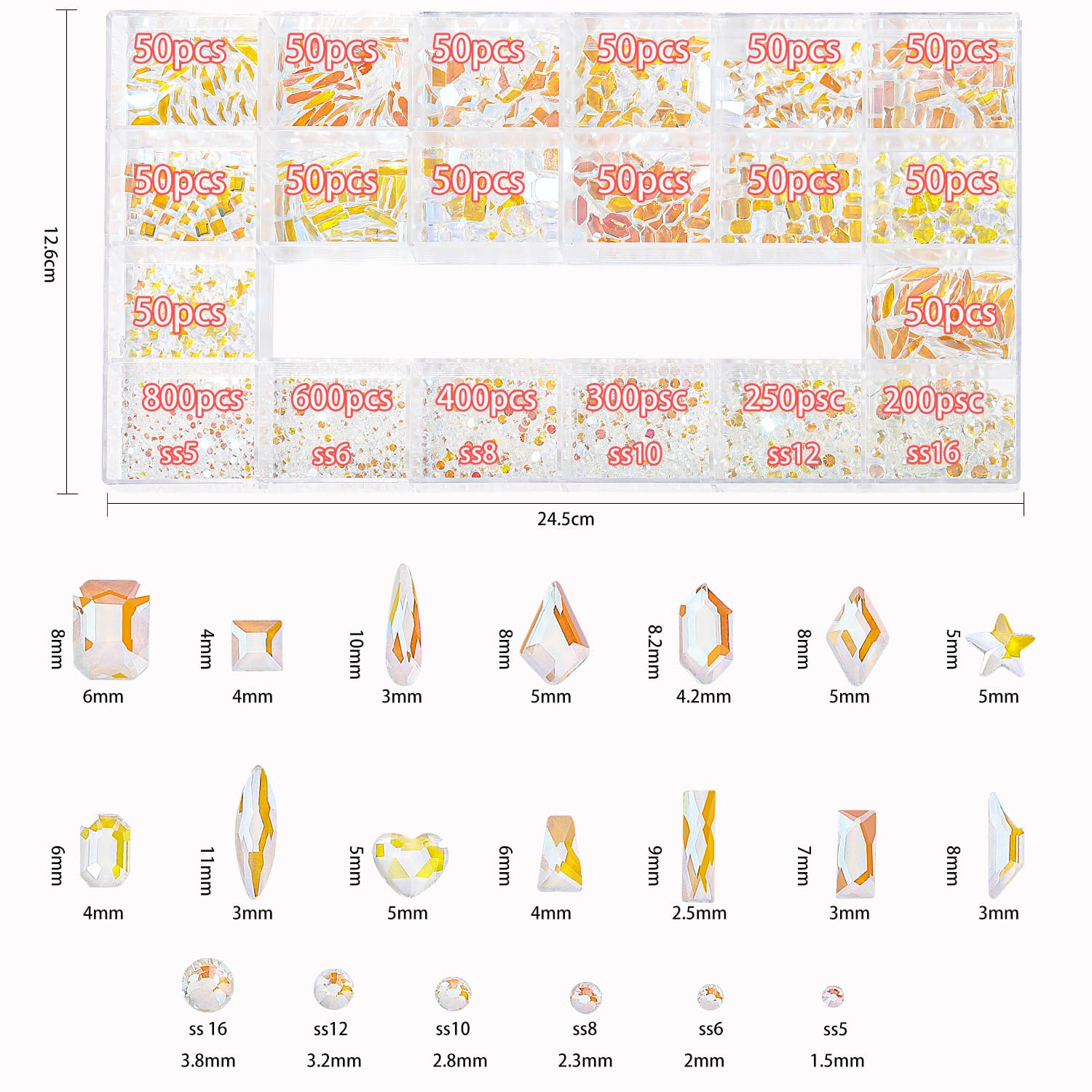 HNUIX Nail Rhinestones - 3200pcs Crystals Aurora, Multiple Shape Gems, Flatback Rhinestones, with Kit and Glue Gel, for Nail Art