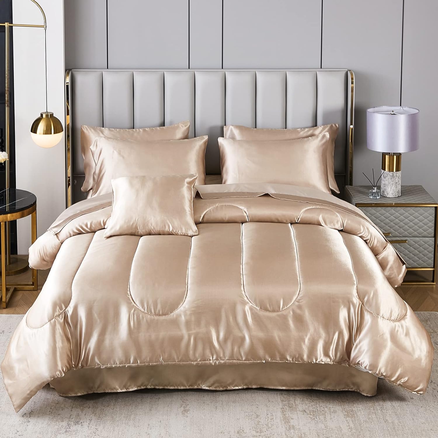 Silk Like Taupe Comforter Set Satin Full Bed in a Bag 8