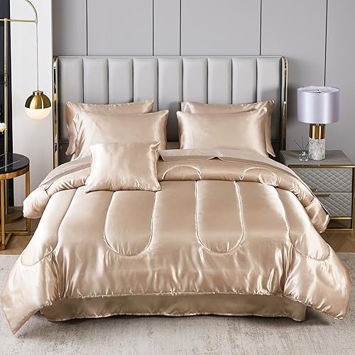 Juego de edredón sedoso de satén tamaño Queen en una bolsa, ropa de cama sedosa de 8 piezas con 1 edredón, 1 sábana encimera, 1 sábana bajera, 4