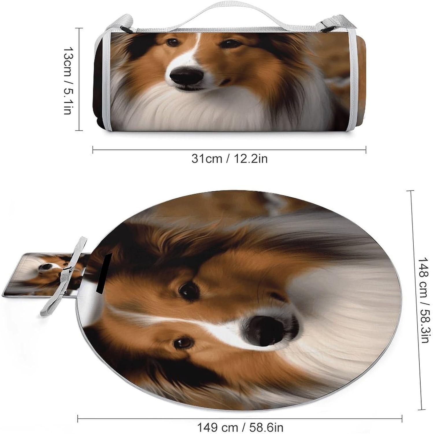 Shetland Sheepdog Picnic Blanket Foldable Outdoor Round Blankets Lightweight Beach Mats Portable Waterproof Park Sand Free Mat for Camping Hiking Sports Activities