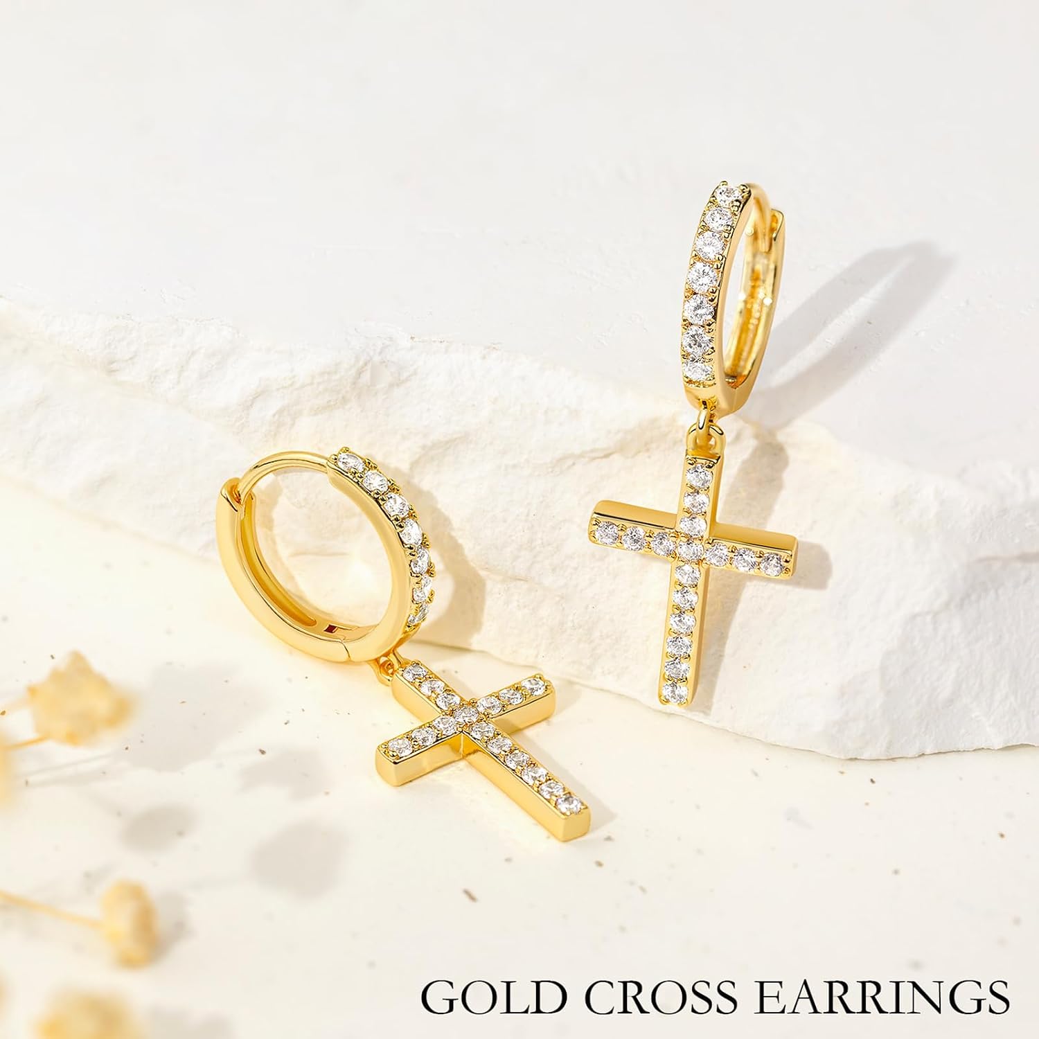 14K Gold Plated Drop Dangle Cross Hoop Earrings Trendy Gold Cross Earrings for Women Small CZ Huggie Hoops Dangling Diamond Cross Earrings for Men Hypoallergenic Lightweight