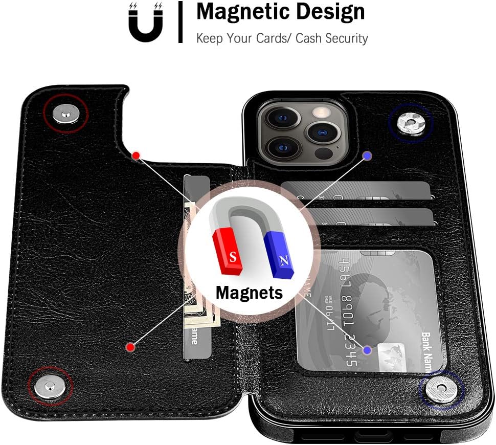 iPhone 12 Pro Case Wallet 3 Credit Cards Slot iPhone 12 Cases Cash Pocket Magnetic Closure PU Leather Cover ID Card Holder Soft TPU Bumper Folio Flip Phone Case for iPhone 12/12 Pro 6.1'' Black