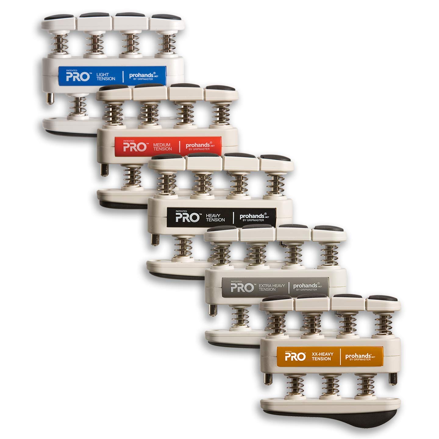 PROHANDS PRO - Ejercitador de mano, ejercitador de dedos (fortalecedor de agarre de mano), con resorte, sistema de pistón de dedo, aísla y ejercita cada dedo, (juego de 5) (azul, rojo, negro, gris,