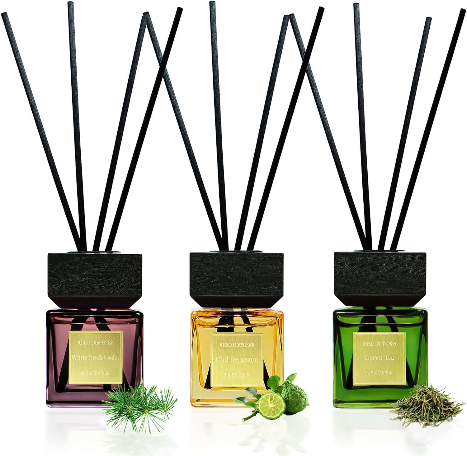 Reed Diffuser Set of 3, 50ml White Birch Cedar & Oud Bergamot & Green Tea Essential Oil with 15 Diffuser Sticks, Hotel Collection Bathroom Air Fresheners, Home Fragrance for Room Decor