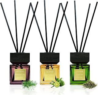 Reed Diffuser Set of 3, White Birch Cedar & Oud Bergamot & Green Tea Tree Essential Oil, 15 Diffuser Sticks, Hotel Collection Bathroom Air Fresheners, 50ml Home Fragrance for Room Decor