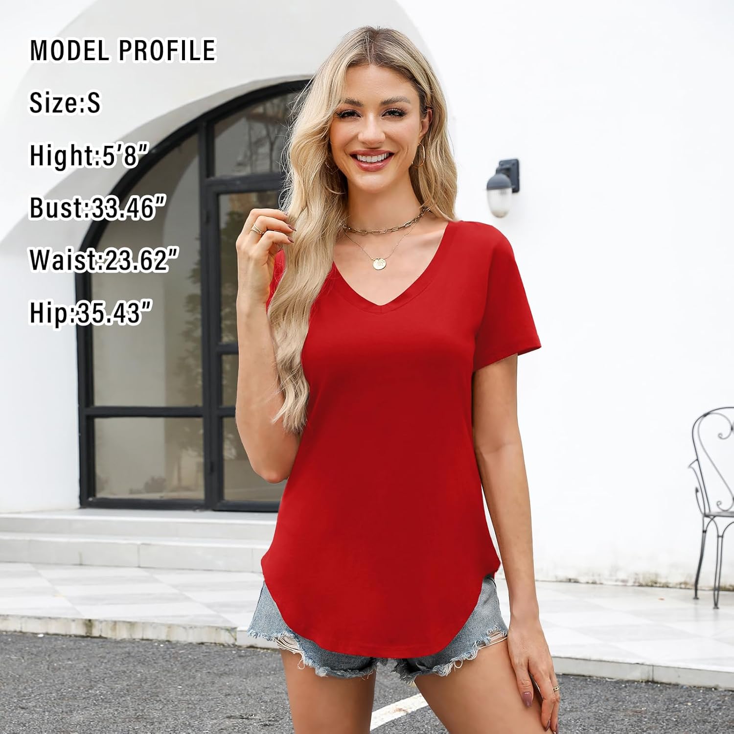 Elesomo Womens T Shirts V Neck Summer Short/Long Sleeve Cotton Tops Tees - Image 3