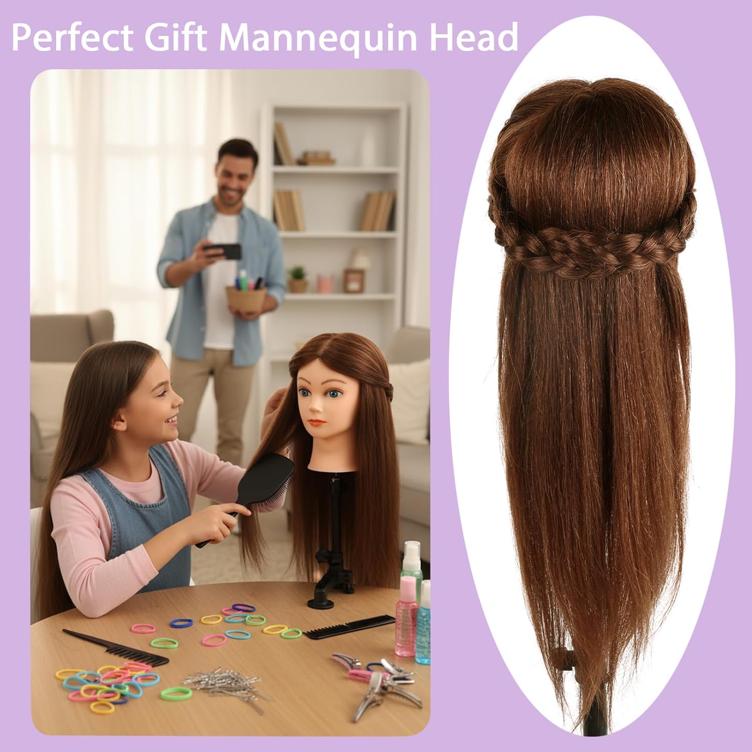 Mannequin Head with 100% Human Hair,22'' Real Hair Cosmetology Mannequin Manikin Head Hair Styling Hairdressing Practice Training Doll Head with Clamp Holder and Tools (Dark Brown Blue Eyes)