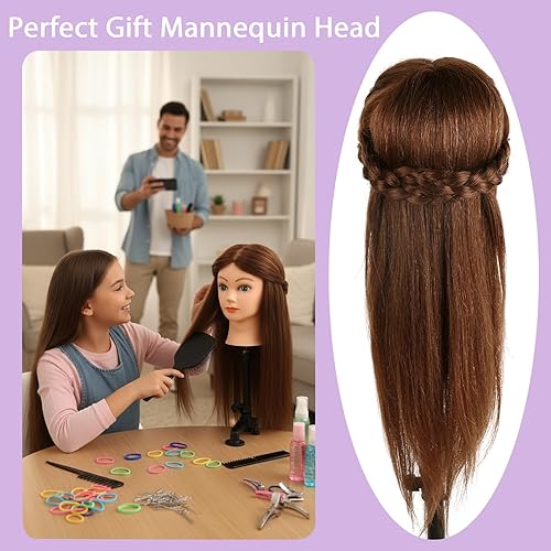 Miniatura 3 de Cabeza de maniquí con 100% cabello humano, 46 cm de pelo real para cosmetología, maniquí para peluquería, cabeza de muñeca para práctica y