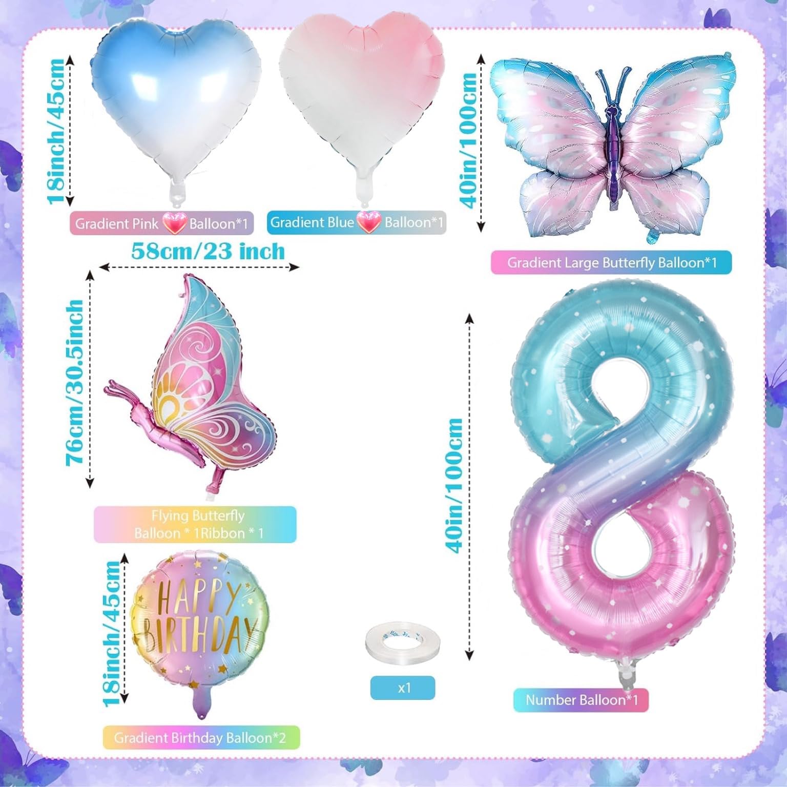 Palloncini a forma di farfalla, decorazioni per il 5° compleanno per ragazze, palloncini in lamina colorata rosa sfumato, palloncino gigante in Mylar numero 5, forniture per feste a tema farfalla per