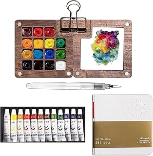 Mini Travel Watercolor Set Pocket Artist Watercolor Travel Set Grid Palette Box Sketch Book Brush Pens With Binder Clips For Painters Artists Students