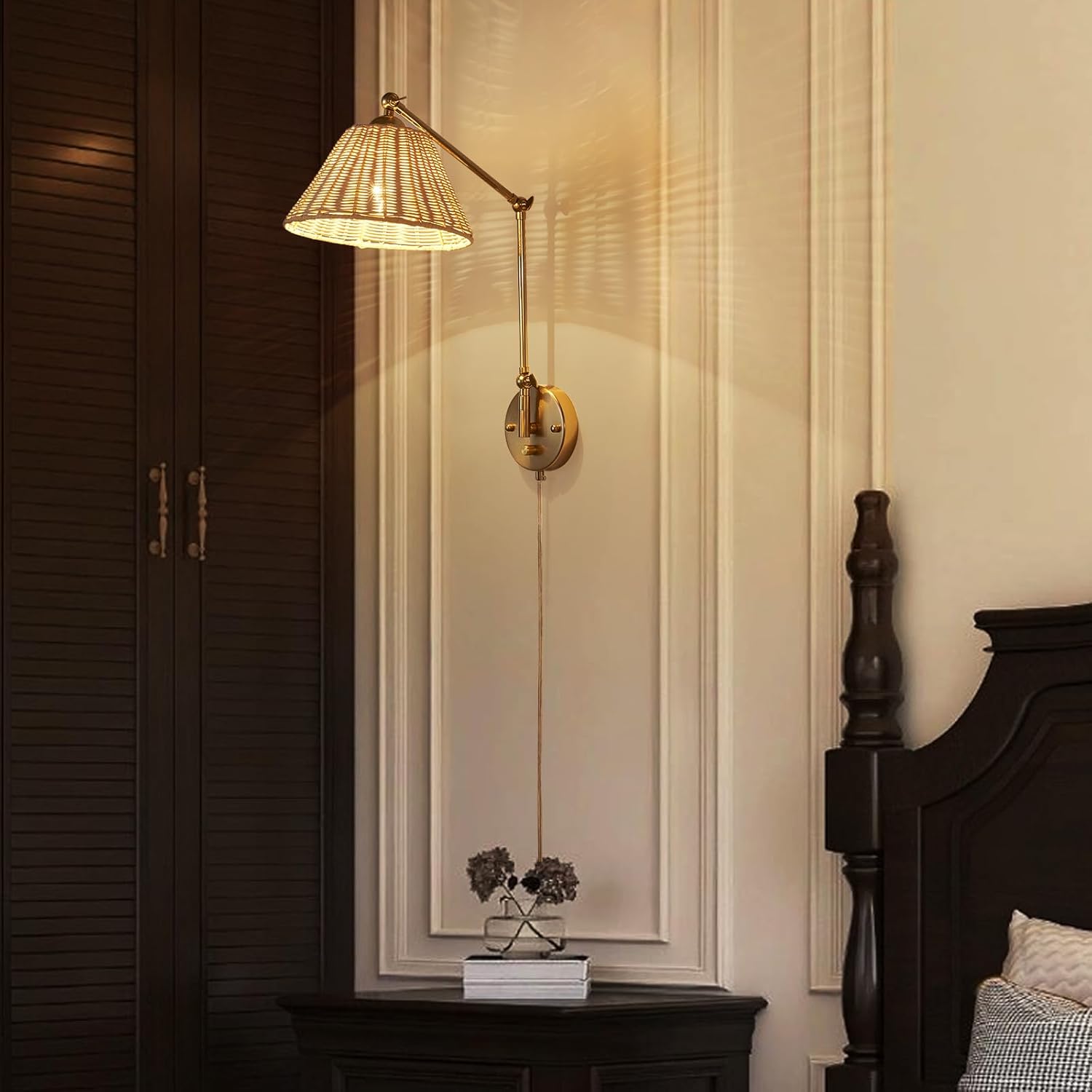 Gold Plug in Dimmable Swing Arm Hand Woven Rattan Wall Sconces Set of 2, Indoor Vintage Wall Light Fixture Wall Mounted Lamp for Bedroom Living Room Bedside Home Office E26 LED Bulb Included