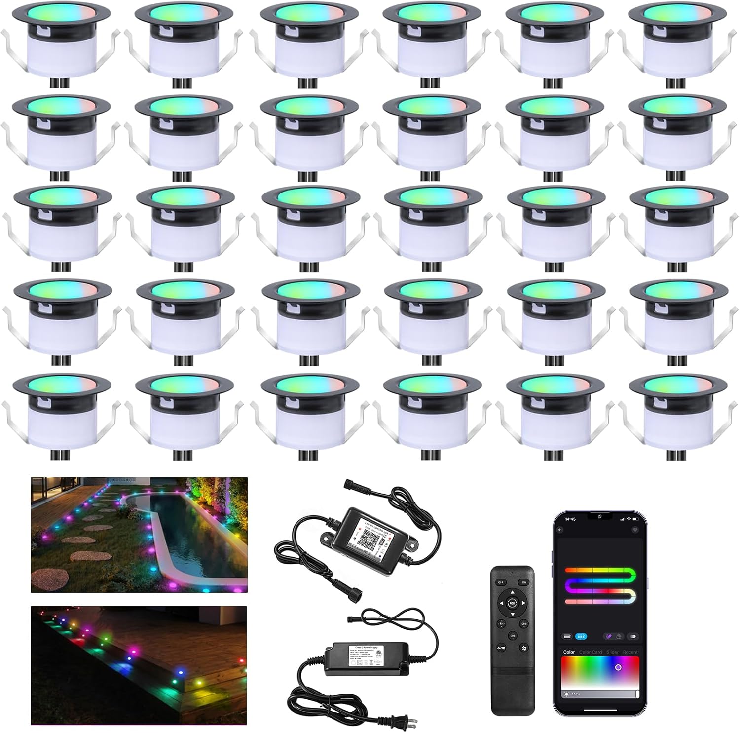 Recessed Step Lights, RGBW+IC Led Lights Outdoor Waterproof IP67, 1.22" Deck Lighting, Wi-Fi Deck Stair Light, DC12V Low Voltage, Music Sync 30 Pack