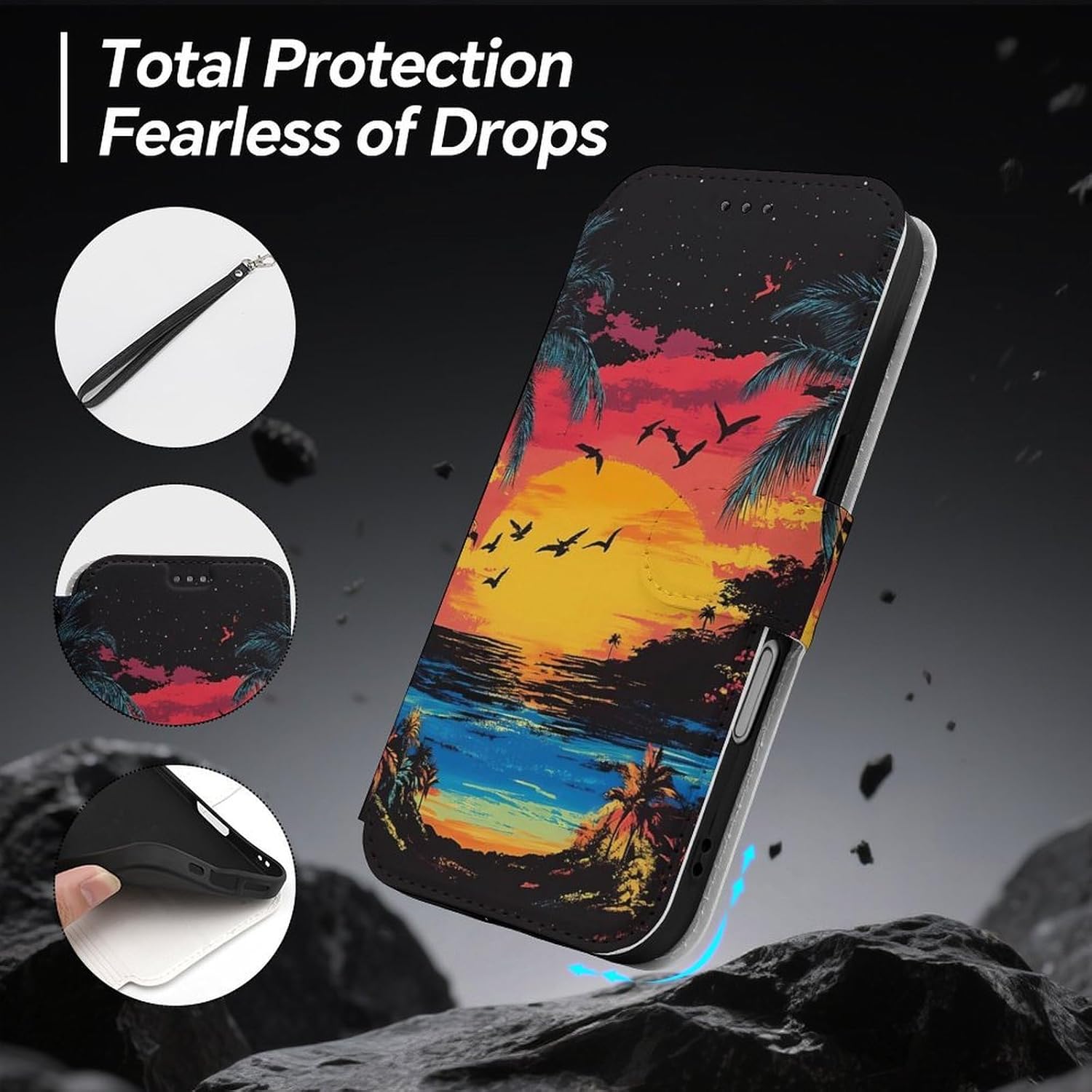 Hawaiian Sunset Palm Trees Compatible with iPhone 16/16 Plus/16 Pro/16 Pro Max/16 E Case Phone Wallet Card Holder Flip Cover with Wrist Strap