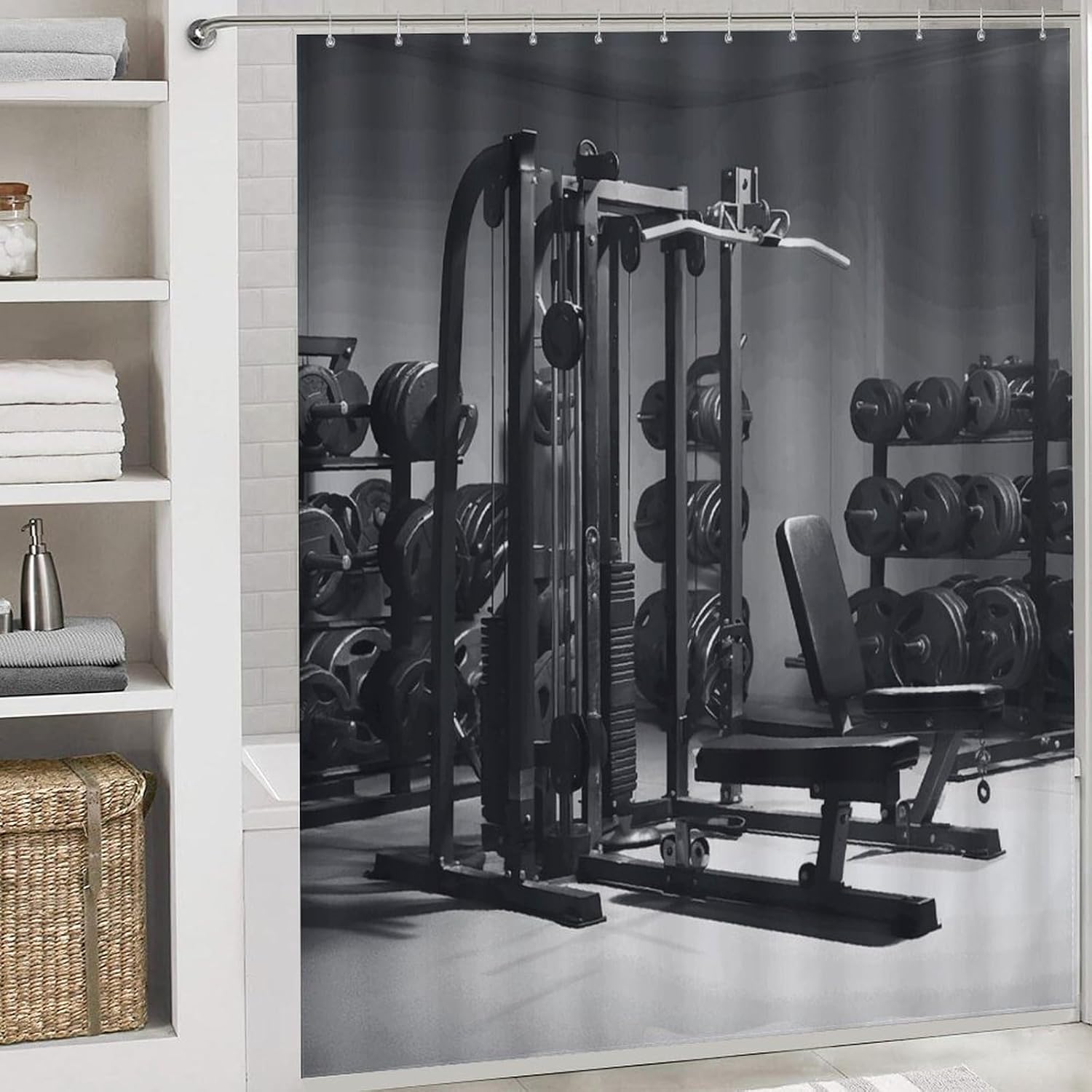 Gym Equipment Shower Curtain Set 4 Piece, Non-Slip Bath Mat with Toilet Lid Cover and Waterproof Shower Curtain with 12 Hooks, Complete Bathroom Set for Home Decor