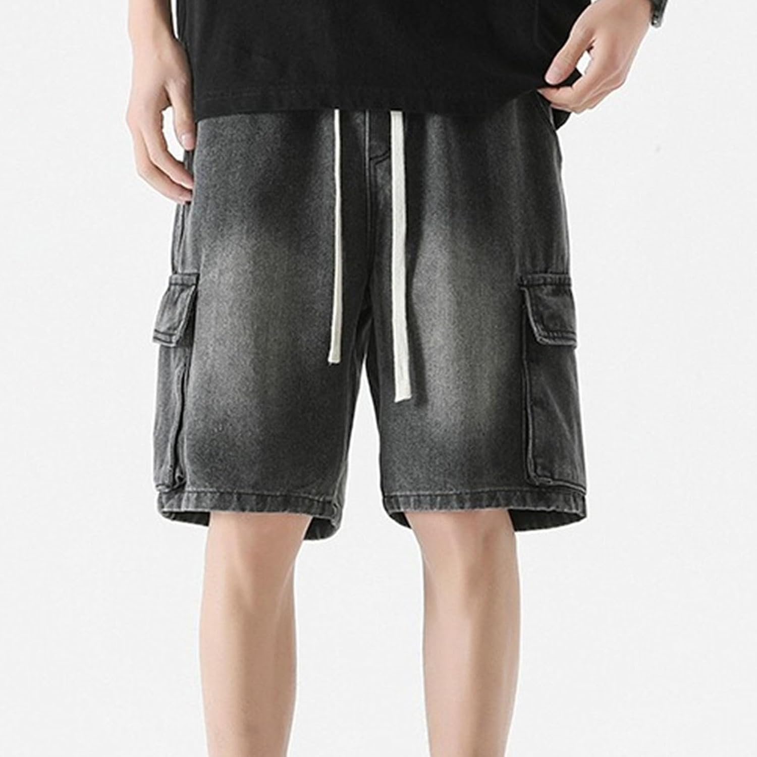 Men's Drawstring Cargo Denim Shorts Elastic Waist Straight Jean Shorts for Men Summer Casual Loose Short Pants