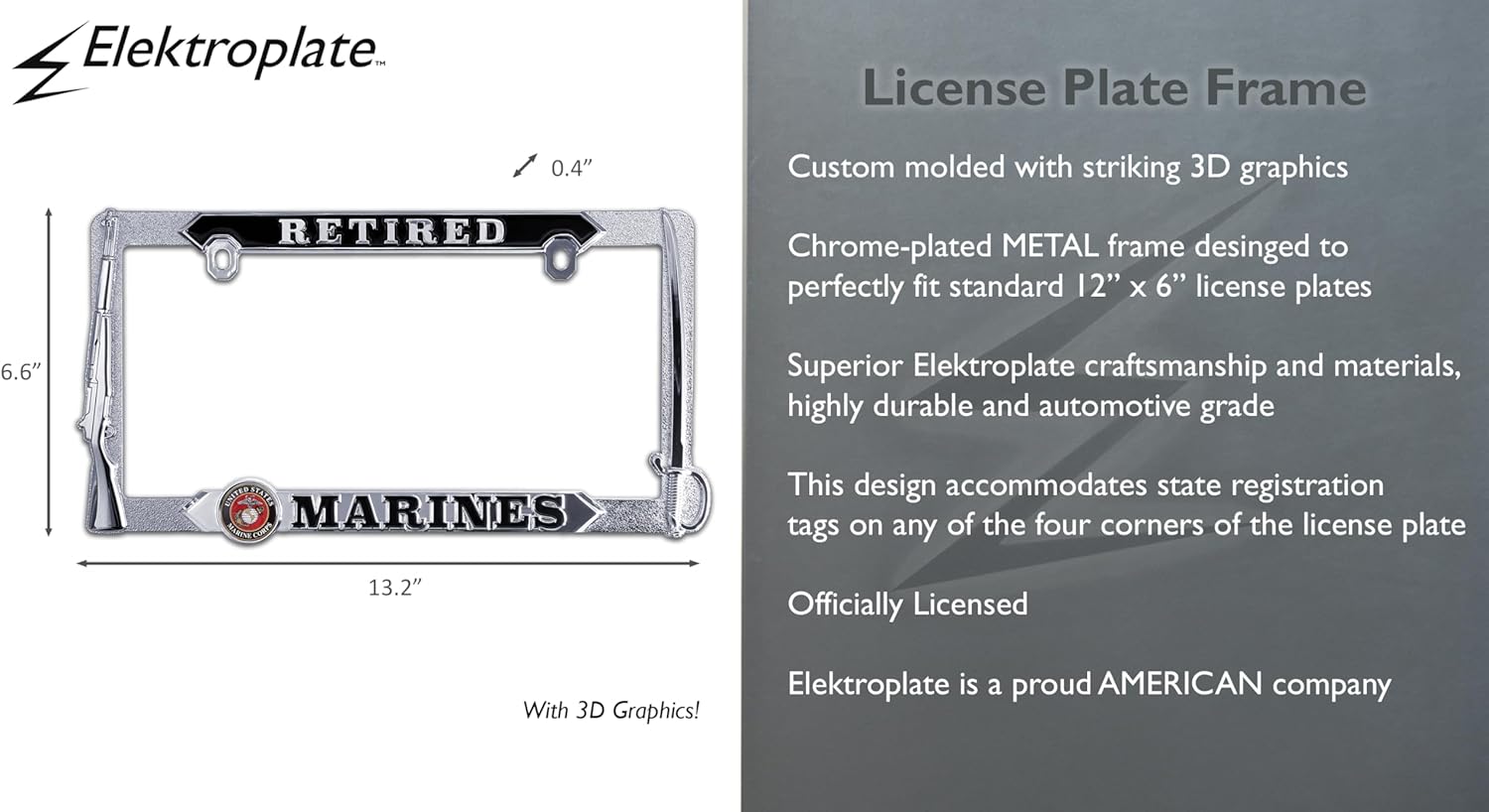 Elektroplate Officially Licensed – United States Retired Marine Corps Chrome-Plated Metal Standard Size Premium 3D License Plate Frame Tag Holder for Cars/SUVs/Trucks Weather-Proof Auto Accessory