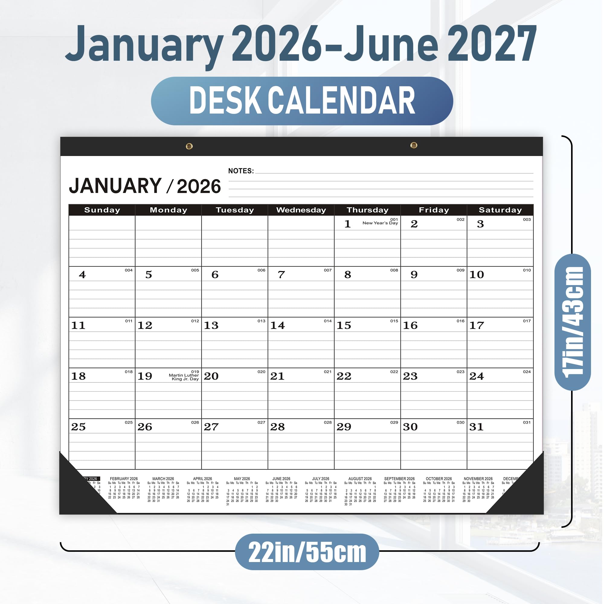 Wabhas Calendario da scrivania 2024, grande, 55 x 43 cm, da gennaio 2024 a giugno 2025, calendario 2024, 18 mensili, grande calendario da parete 2024-2025, con fori rotondi e lista note (nero)
