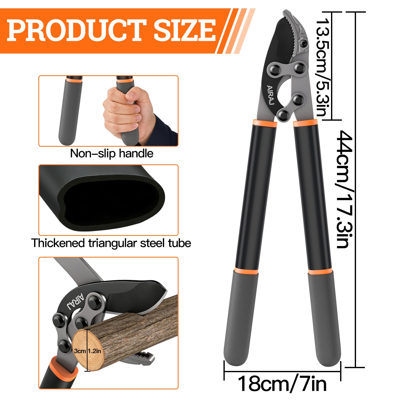 Tijeras de Podar AIRAJ,Tijeras Podar de Yunqu,43CM Tijera Podar,Máxima Longitud de Corte 3CM,Corta Ramas Gruesas sin Esfuerzo,Cuchilla Desmontable de Acero SK5,Ideal Para Trabajos de Jardinería