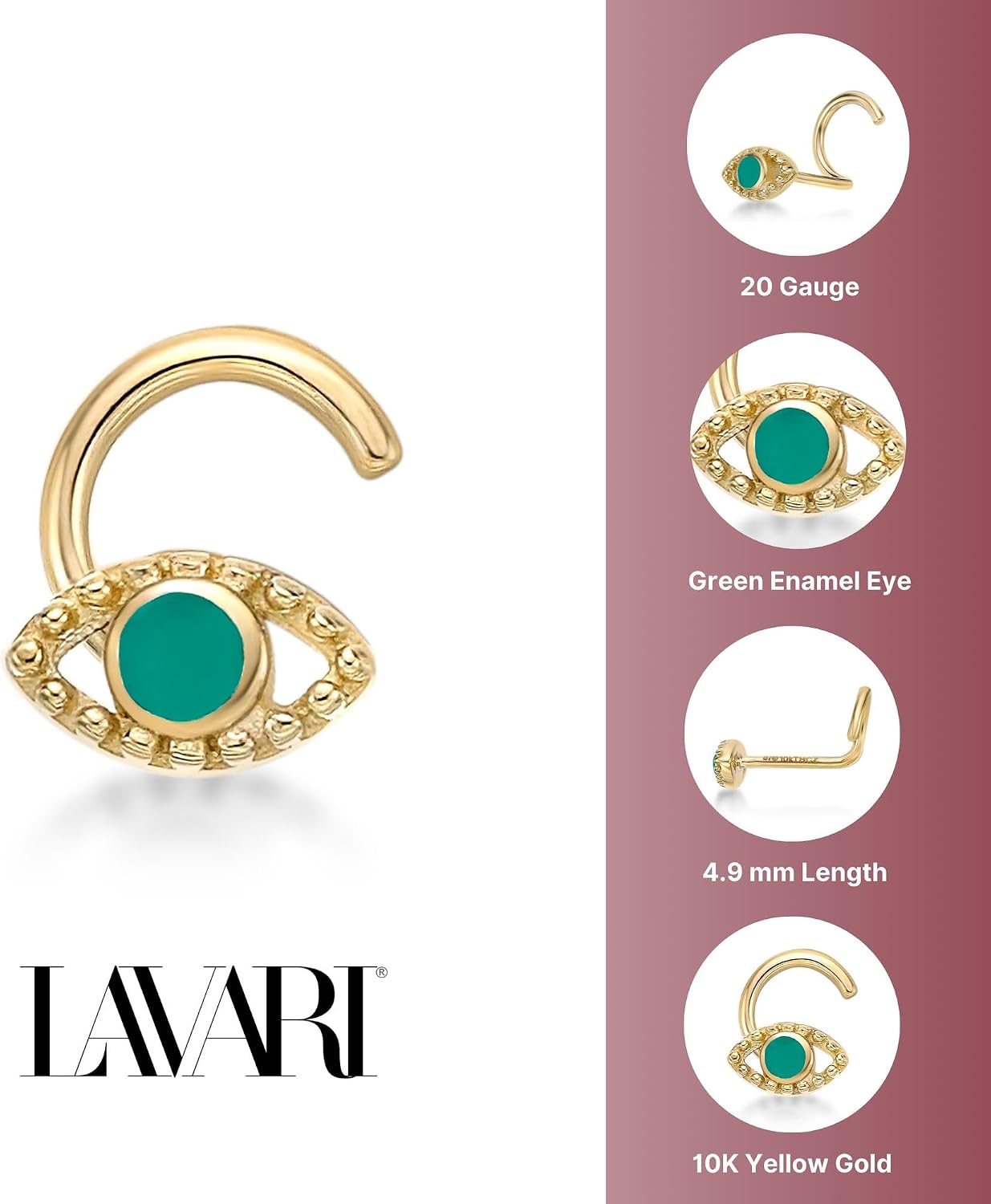 Lavari Jewelers 20 Gauge Evil Eye Curved Screw Nose Stud for Women and Men - 10k Yellow Gold Multicolor Enamel Nose Ring - Unisex Hypoallergenic Nostril Piercing Jewelry - 20G Body Piercing