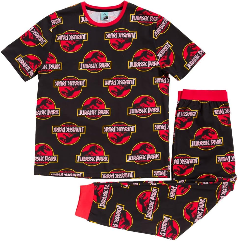 TruffleShuffle Jurassic Park All Over Print Pajamas| Unisex Jurassic Park Lounge-pants and T-S Black/Charcoal