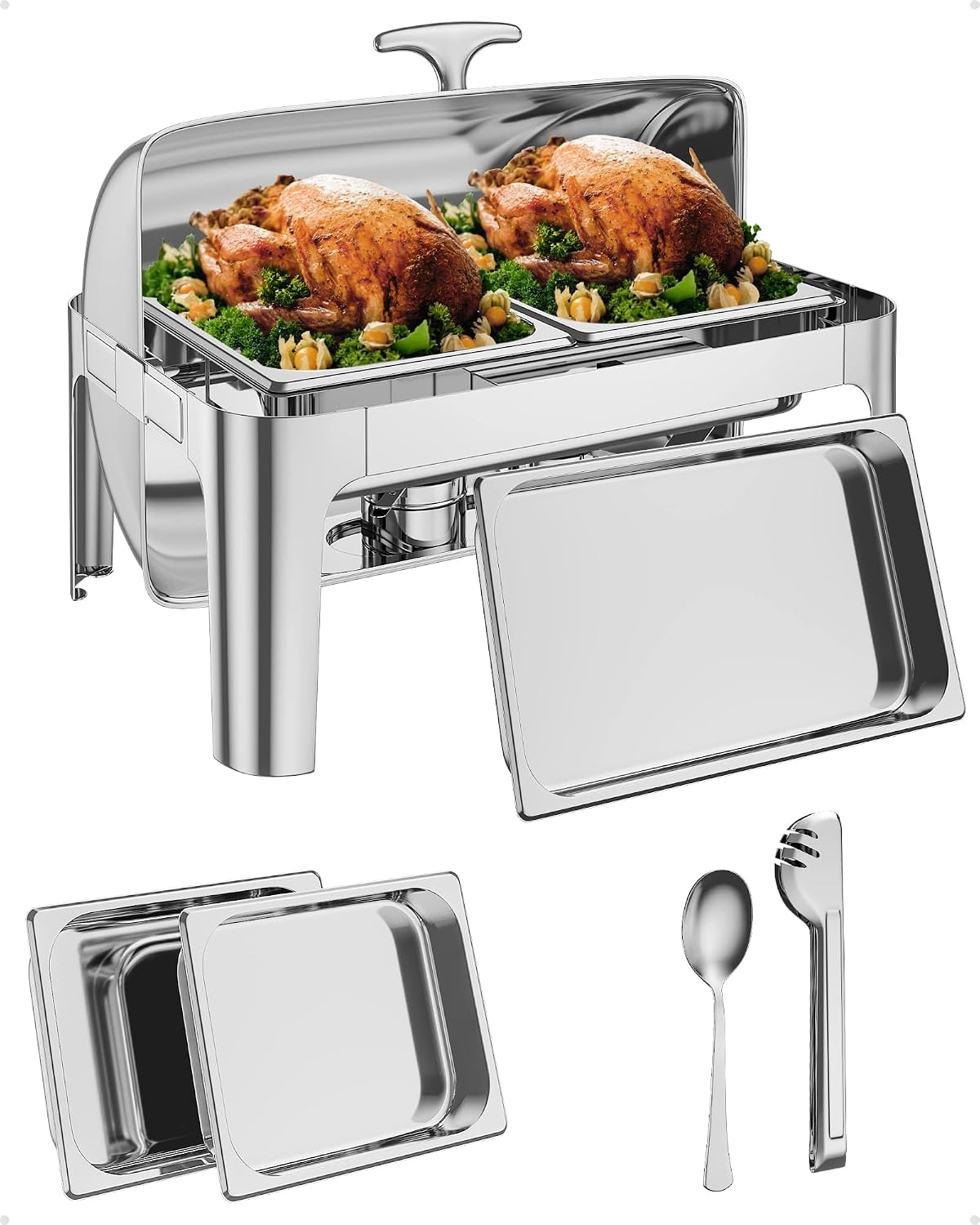 GAOMON 9QT Rectangular Roll Top Chafing Dish Buffet Set,Stainless Seel Catering Food Warmer,Chafing Dish Set with 1 Full Size & 2 Half-Size Pans for Parties Catering