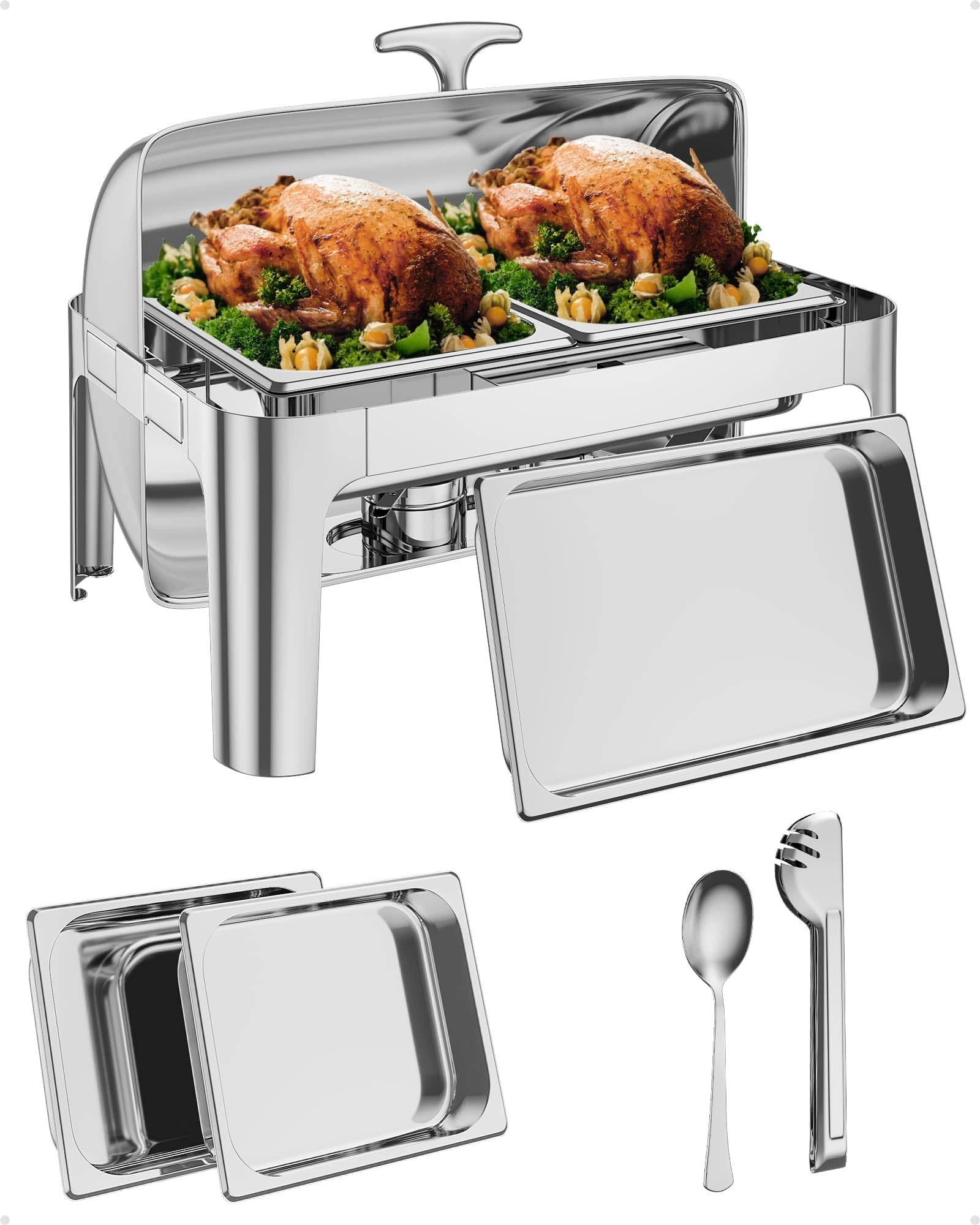 GAOMON 9QT Rectangular Roll Top Chafing Dish Buffet Set,Stainless Seel Catering Food Warmer,Chafing Dish Set with 1 Full Size & 2 Half-Size Pans for Parties Catering