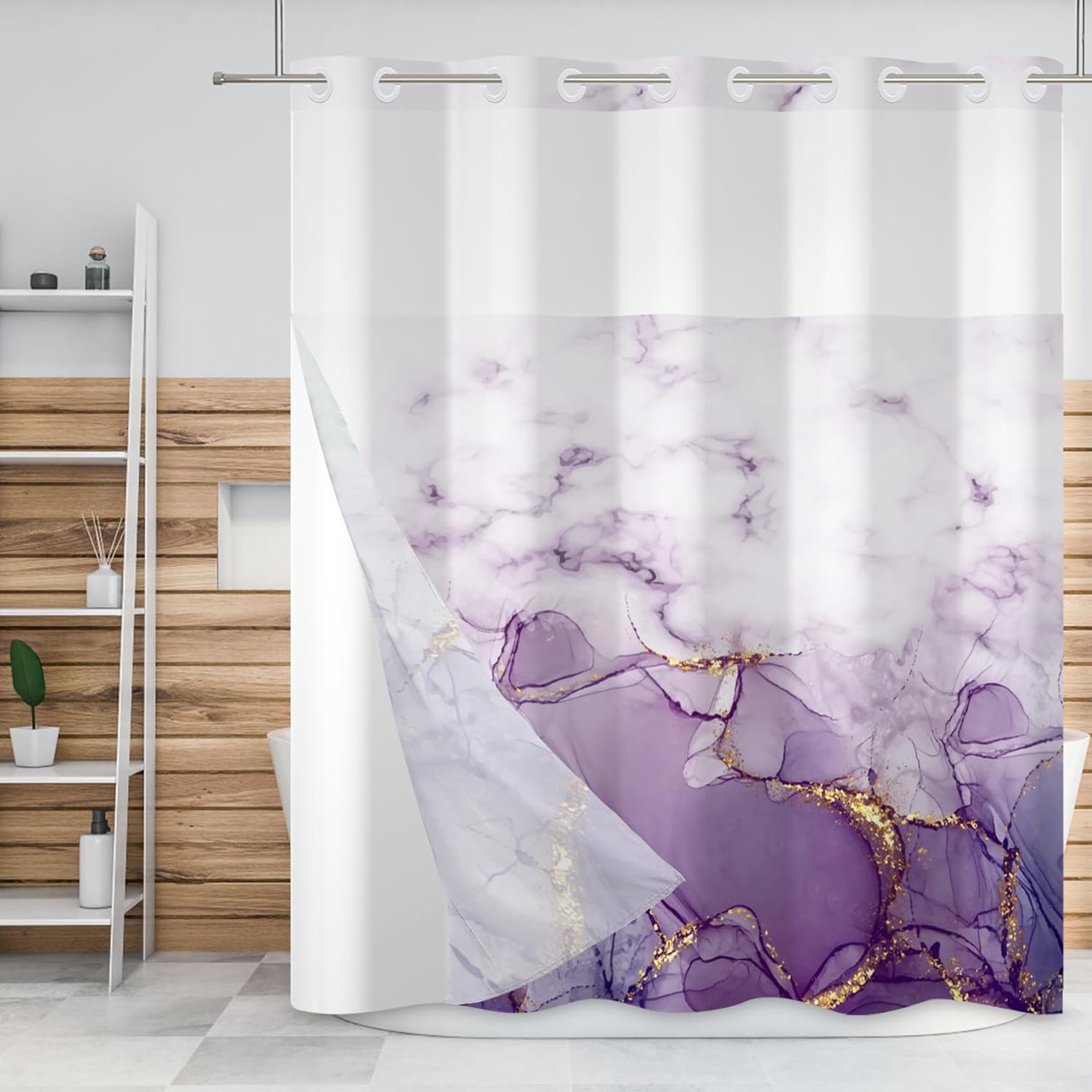 Baocicco Violet Marble No Hook Shower Curtain with Snap in Liner Luxurious Contemporary Hotel Style Double Layers with See Through Mesh Top Window Lavender Decorative Bathroom Accessories 71x74 Inch