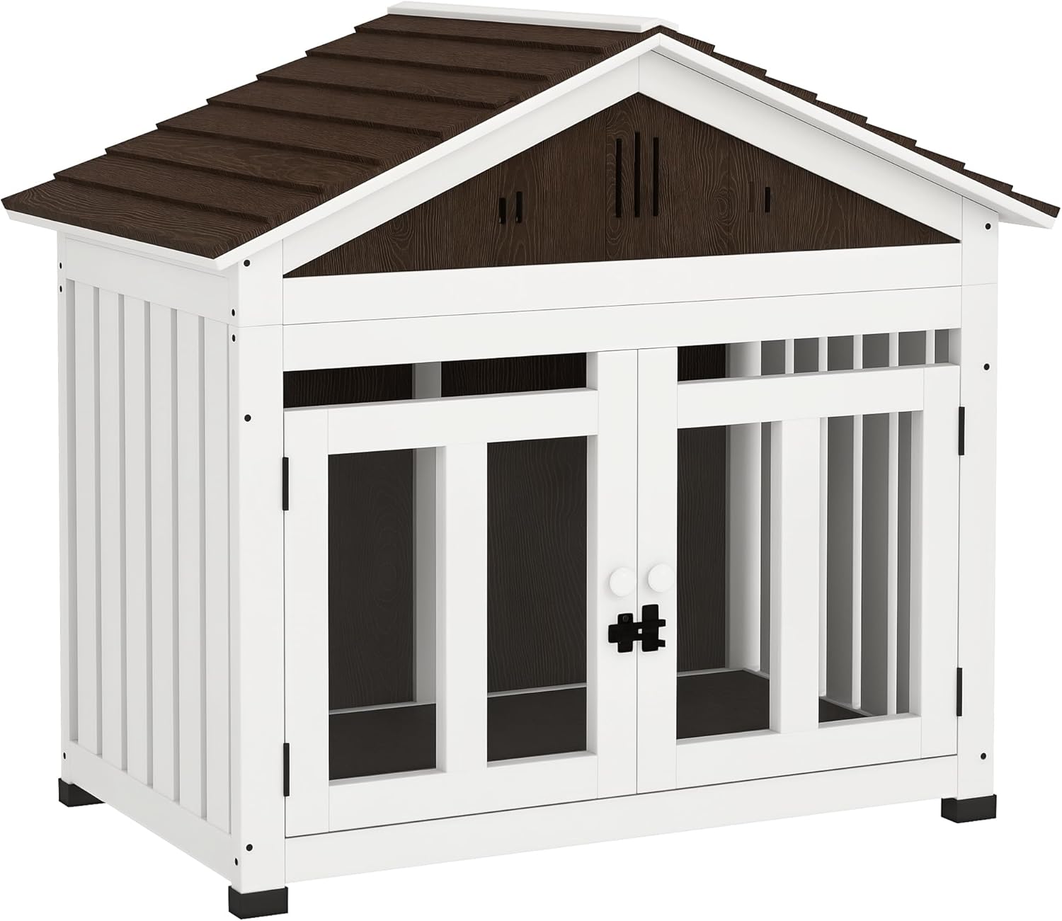PawHut 40″ L Dog House Outdoor Indoor, Wooden Dog Kennel for Small, Medium, Large Dogs, Puppy Shelter with Air Vents & Elevated Removable Floor, Magnetic Doors, Foot Covers, Dark Brown