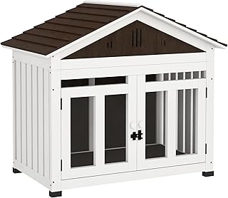 PawHut 40" L Dog House Outdoor Indoor, Wooden Dog Kennel for Small, Medium, Large Dogs, Puppy Shelter with Air Vents & Elevated Removable Floor, Magnetic Doors, Foot Covers, Dark Brown