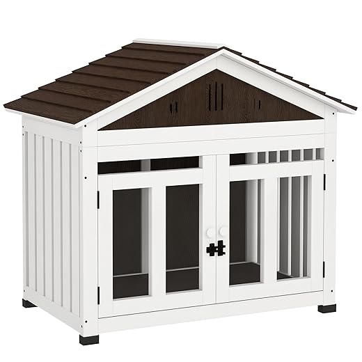 PawHut 40" L Dog House Outdoor Indoor, Wooden Dog Kennel for Small, Medium, Large Dogs, Puppy Shelter with Air Vents & Elevated Removable Floor, Magnetic Doors, Foot Covers, Dark Brown