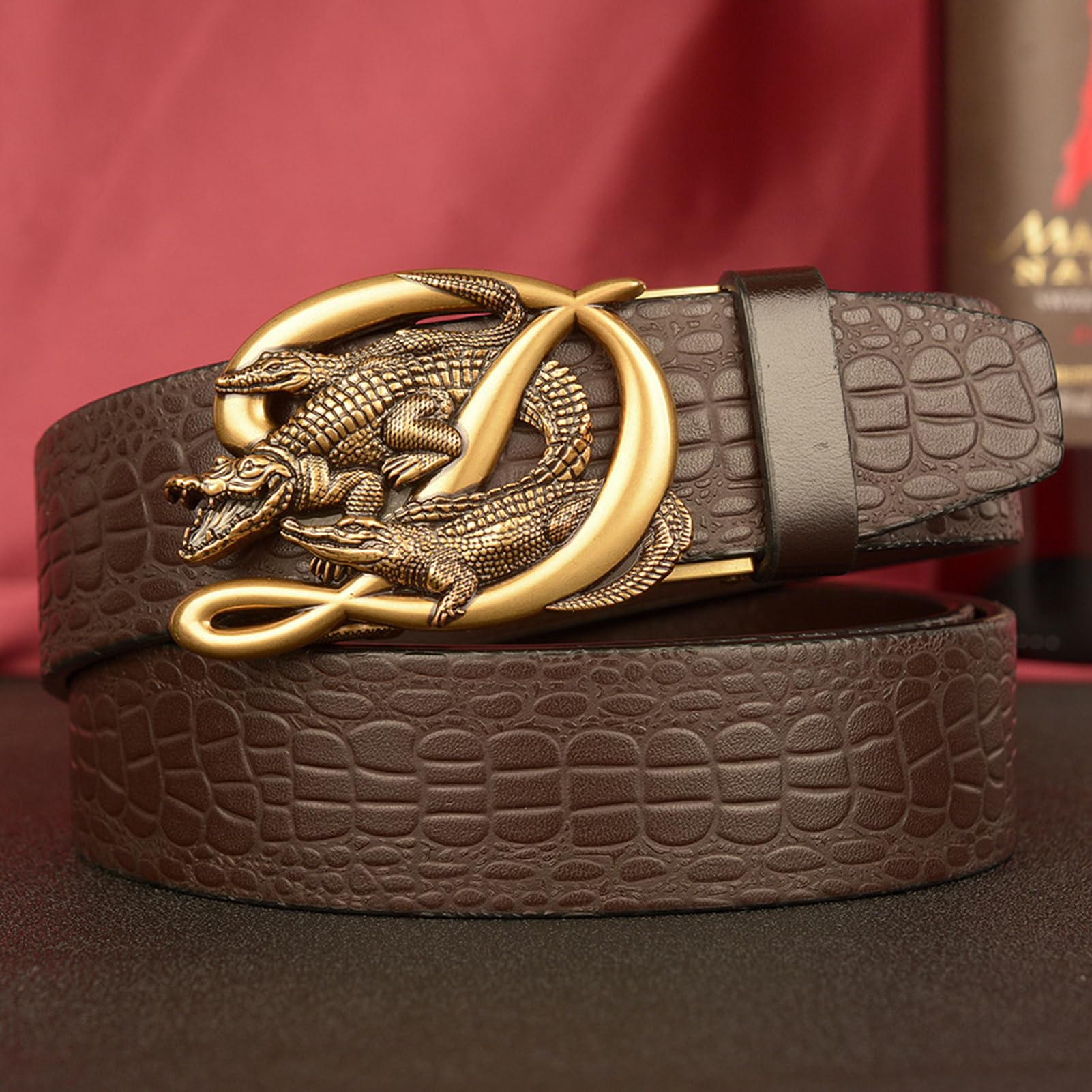 Cinturón De Vestir Con Estampado Cocodrilo Y Hebilla Automática Deslizante, Grabado 3 Caimanes, Hecho A Mano En Piel Vaca Auténtica,5 Cm Ancho
