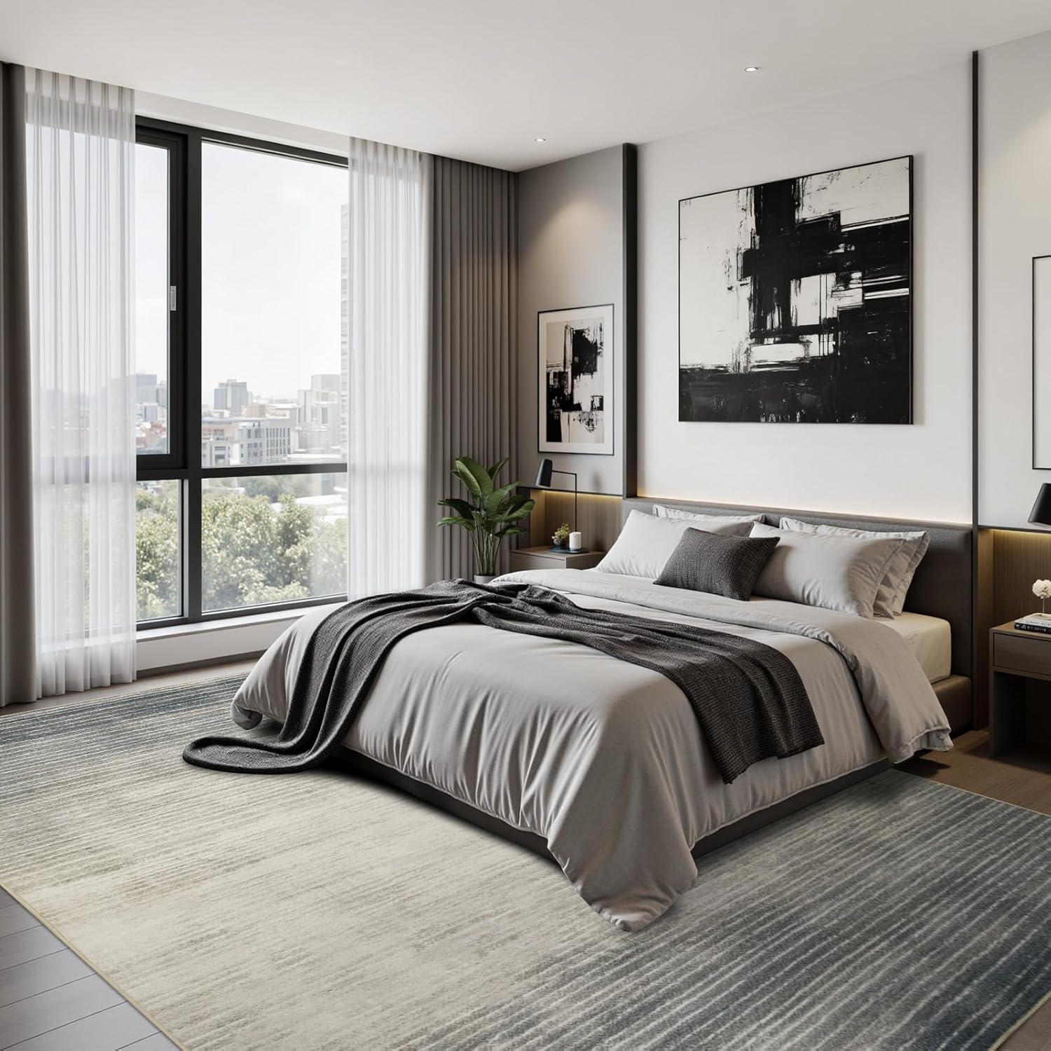 Joydeco 5x7 Area Rugs for Living Room, Washable Modern Abstract Non Slip Soft Rug, Low Pile Carpet for Bedroom, Dining Room, Home Office, Pet & Child Friendly, Beige & White & Dark Gray