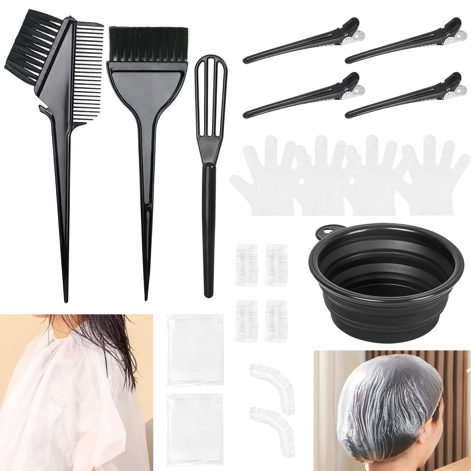 19PCS Hair Dye Kit, Reusable Hair Coloring Tools Set, Shower Caps for Home Salon Hair Bleaching Highlights Balayage