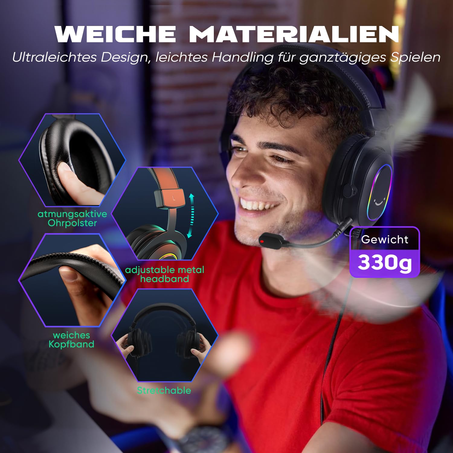 FIFINE Gaming Headset mit Mikrofon, Over Ear Kopfhörer mit Kabel, USB Headset für PC PS4 PS5, RGB Headphone mit 3 EQ-Modi, Surround Sound und Ohrpolster