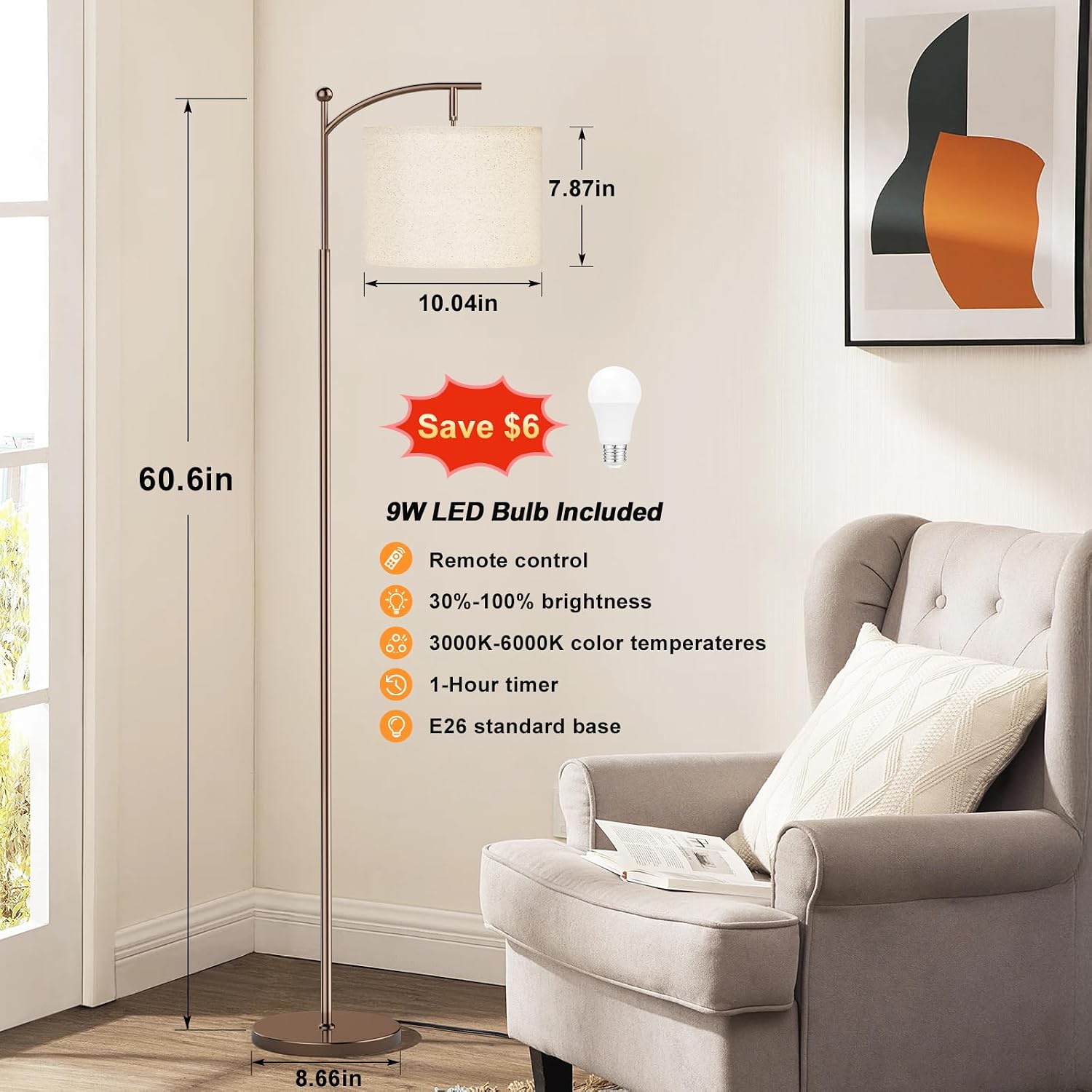 60" Floor Lamp with Remote Control and Stepless Dimmable Bulb, Colors Temperature & Brightness Adjustable, Modern Floor Lamps for Living Room, Deep Beige Shade & Brown Pole thumbnail