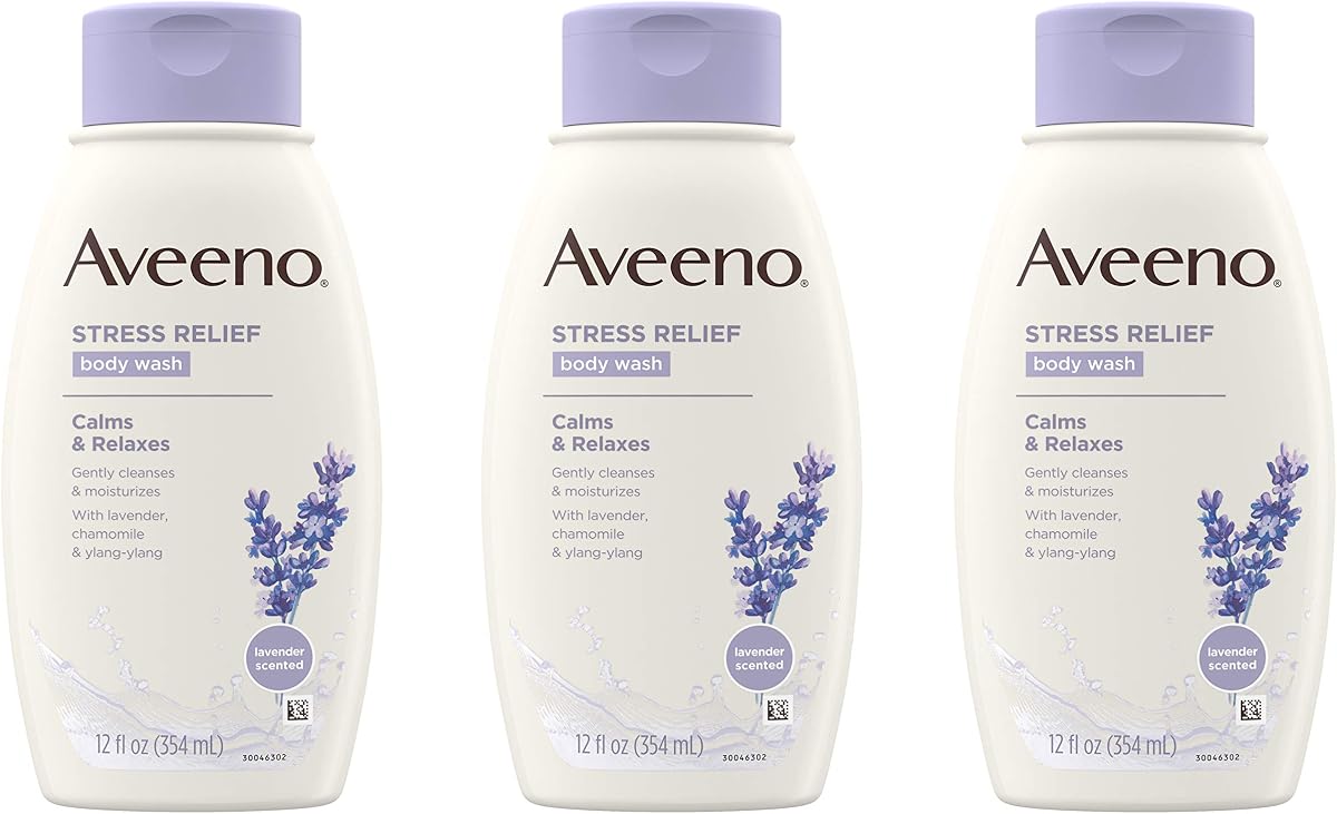 Gel corporal Aveeno para aliviar el estrés con aceites esenciales calmantes de avena, lavanda, manzanilla e ylang ylang, hipoalergénico, gel corporal calmante sin colorantes ni jabón, 12 fl. Oz (Paquete de 3)