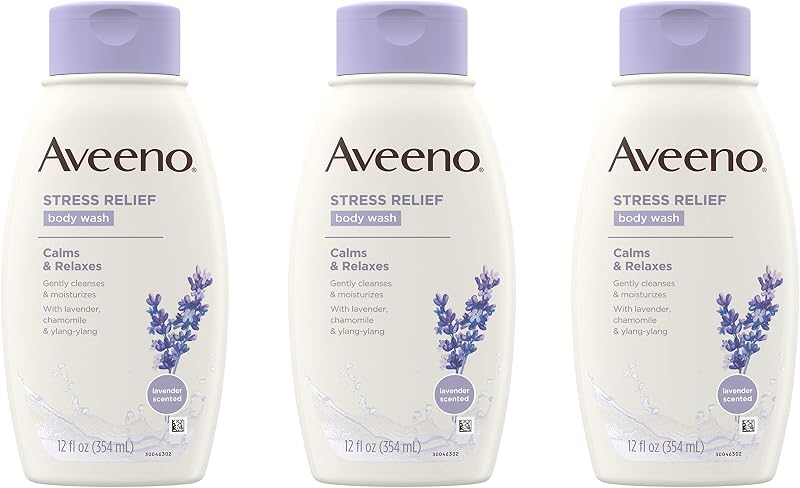 Gel corporal Aveeno para aliviar el estrés con aceites esenciales calmantes de avena, lavanda, manzanilla e ylang ylang, hipoalergénico, gel corporal calmante sin colorantes ni jabón, 12 fl. Oz (Paquete de 3)
