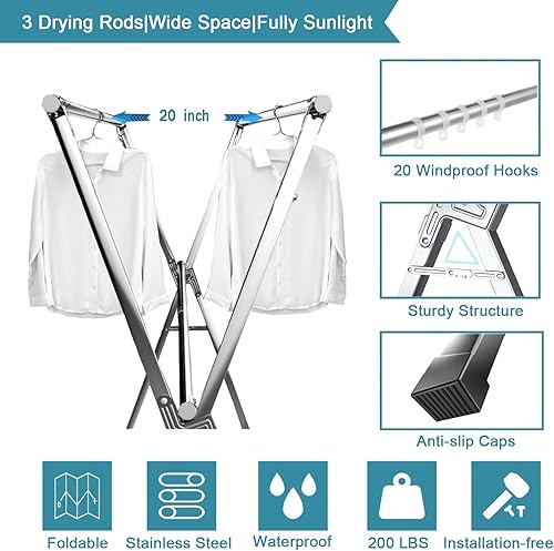 Miniatura 2 de Percheros de secado de ropa, acero inoxidable resistente con 20 ganchos resistentes al viento para el balcón interior o exterior, longitud ajustable