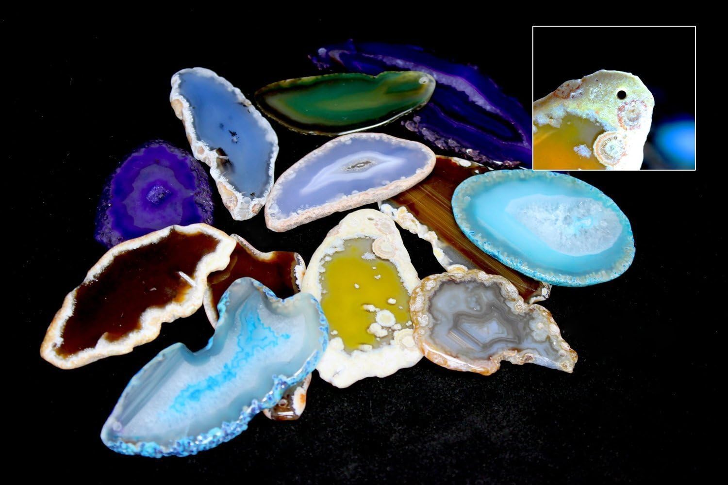 Thin Sliced Agate Pendants with Drilled Hole Set of 6 Assorted Colors