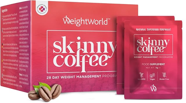 Skinny Coffee - 28 Vegan Instant Coffee Sachets with L Carnitine, Green Coffee, Green Tea - 28 Day Detox & Weight Management Programme - Low Carb Keto Coffee - Allergen Free Low Fat Enzyme Coffee