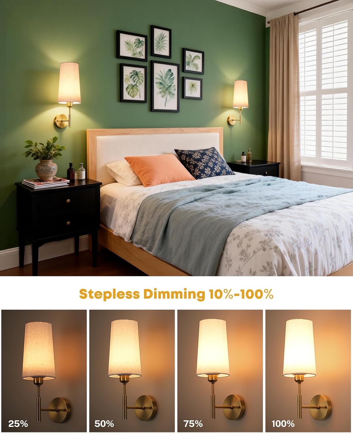 Battery Operated Wall Sconce Set of Two, Gold Rechargeable Wall Sconce, 13000mAh Wireless Wall Sconce with Remote, No Wire Dimmable Wall Lamp/Light for Bedroom, Beige Linen Fabric